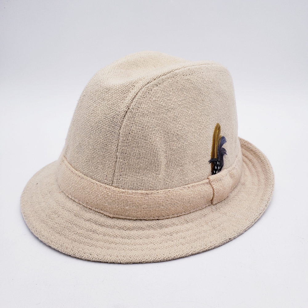 Vintage Donegal Handwoven Wool‎ Tweed Hat Trilby Fedora Cream Feather Size 7 1/4